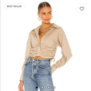 L'Academie Lena blouse in khaki - ruched cropped button down shirt